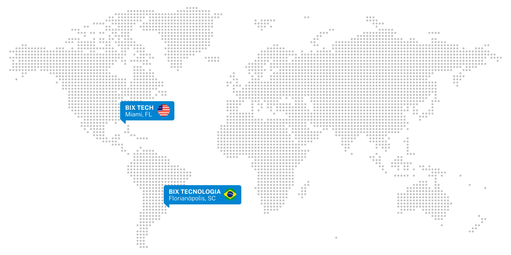 Mapa mostrando os escritórios da BIX no Brasil e nos EUA