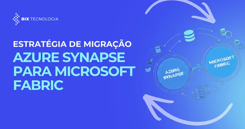 Infográfico sobre estratégia de migração do Azure Synapse para o Microsoft Fabric, ilustrando a transição de arquitetura de dados e modernização de analytics.