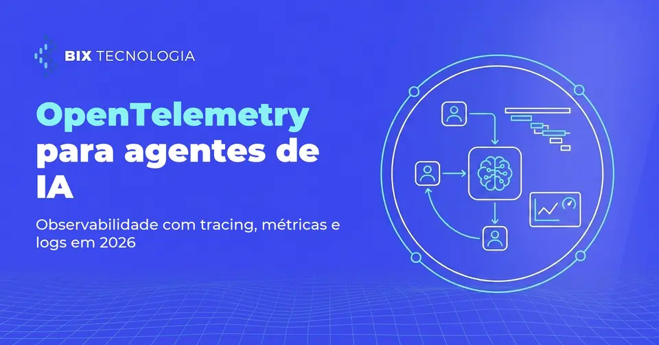 Ilustração de um pipeline de agentes de IA monitorado com OpenTelemetry, mostrando rastros, métricas e logs