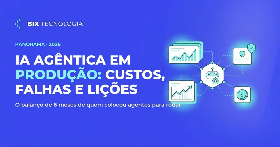 Ilustração de um agente de IA em produção conectado a painéis de observabilidade, governança e controle de custo