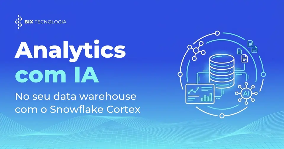 Ilustração de um data warehouse conectado a um painel de analytics e a um núcleo de IA, representando analytics com IA nativa no Snowflake Cortex
