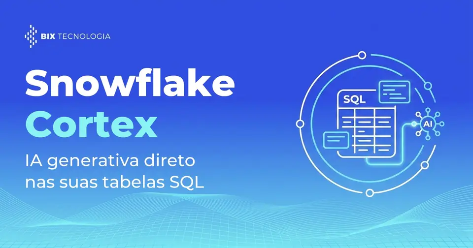 Ilustração de uma tabela SQL conectada a um núcleo de inteligência artificial, representando o Snowflake Cortex rodando IA generativa dentro das tabelas SQL