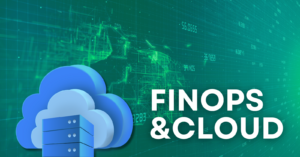Banner apresentando as palavras 'FinOps' e 'Cloud' com uma ilustração de nuvem sobre um fundo de painel financeiro.