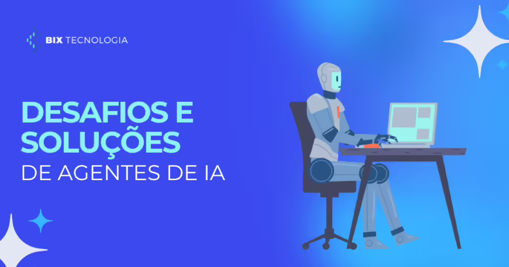 Robô utilizando um notebook ao lado do título Desafios e Soluções de Agentes de IA em fundo azul.