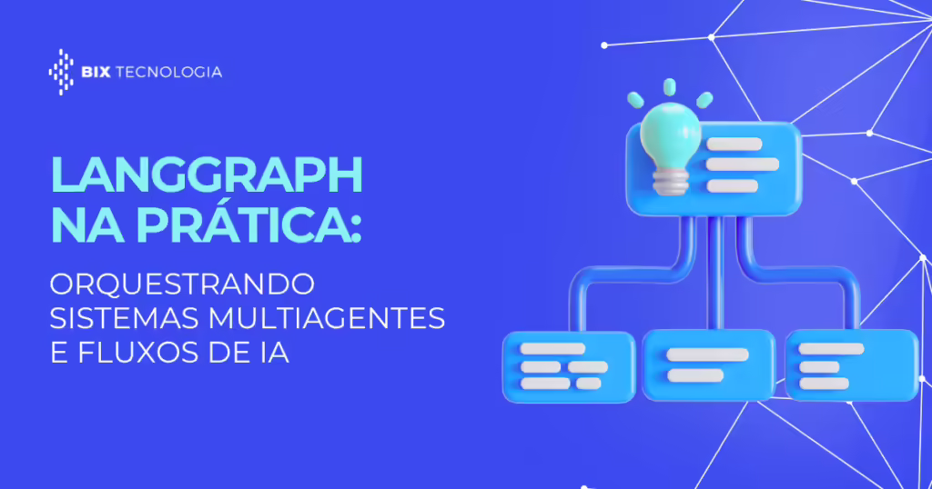 Ilustração abstrata mostrando nós e conexões em um fluxo de trabalho de Inteligência Artificial, representando a orquestração do LangGraph.