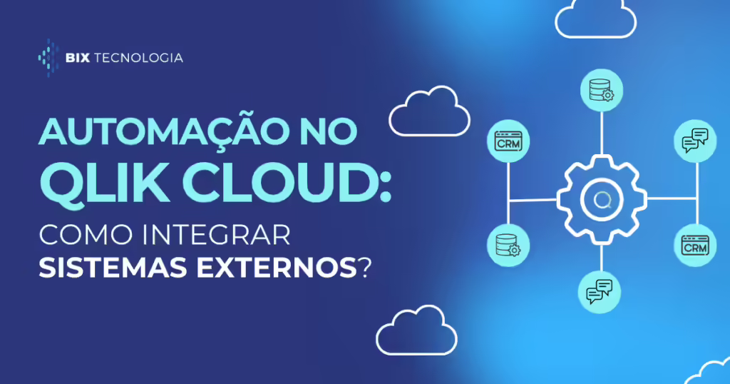 Título Automação no Qlik Cloud com ícones de CRM e bancos de dados integrados ao logo central da Qlik em fundo azul.